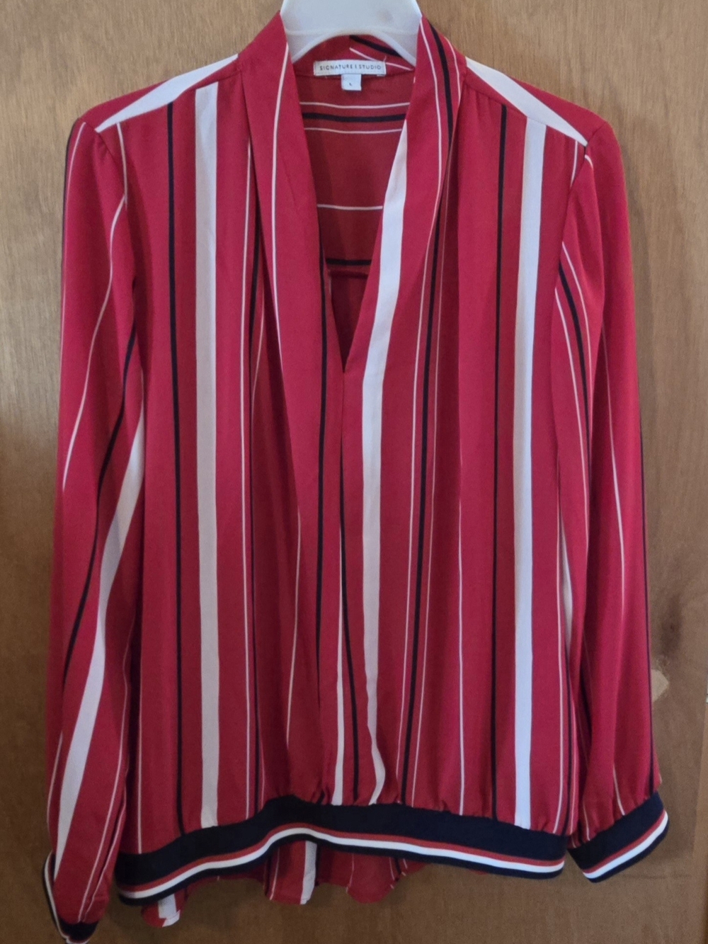 Signature Studio Red Striped V-Neck Long Sleeve Top